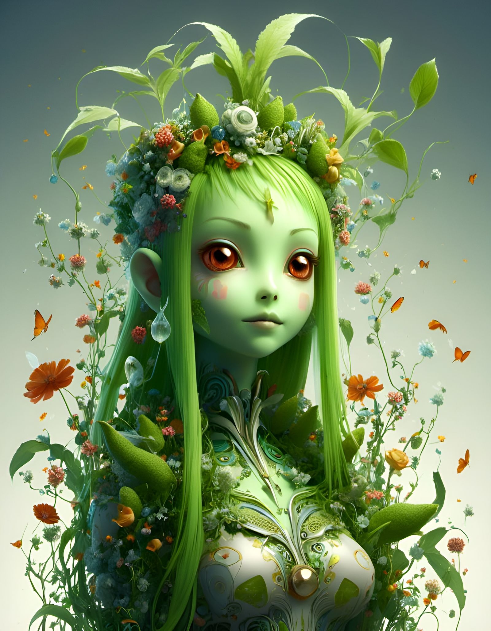 Humanoid Chikorita Girl in Digital Art Style