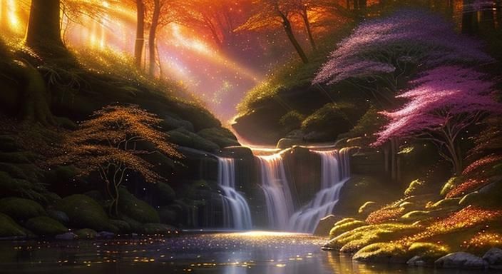 Fantasy Forest at Sunset with Magic Mist