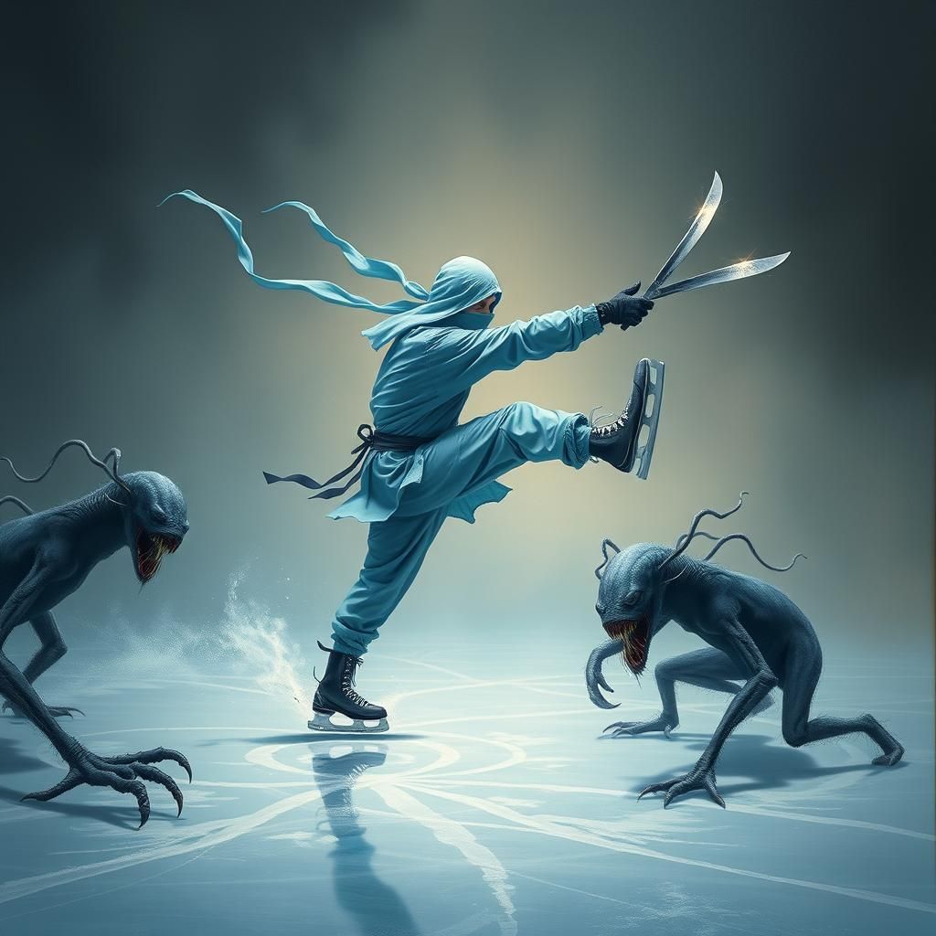 Sky blue clothe ninja ice skater is kick slicing the heads o...