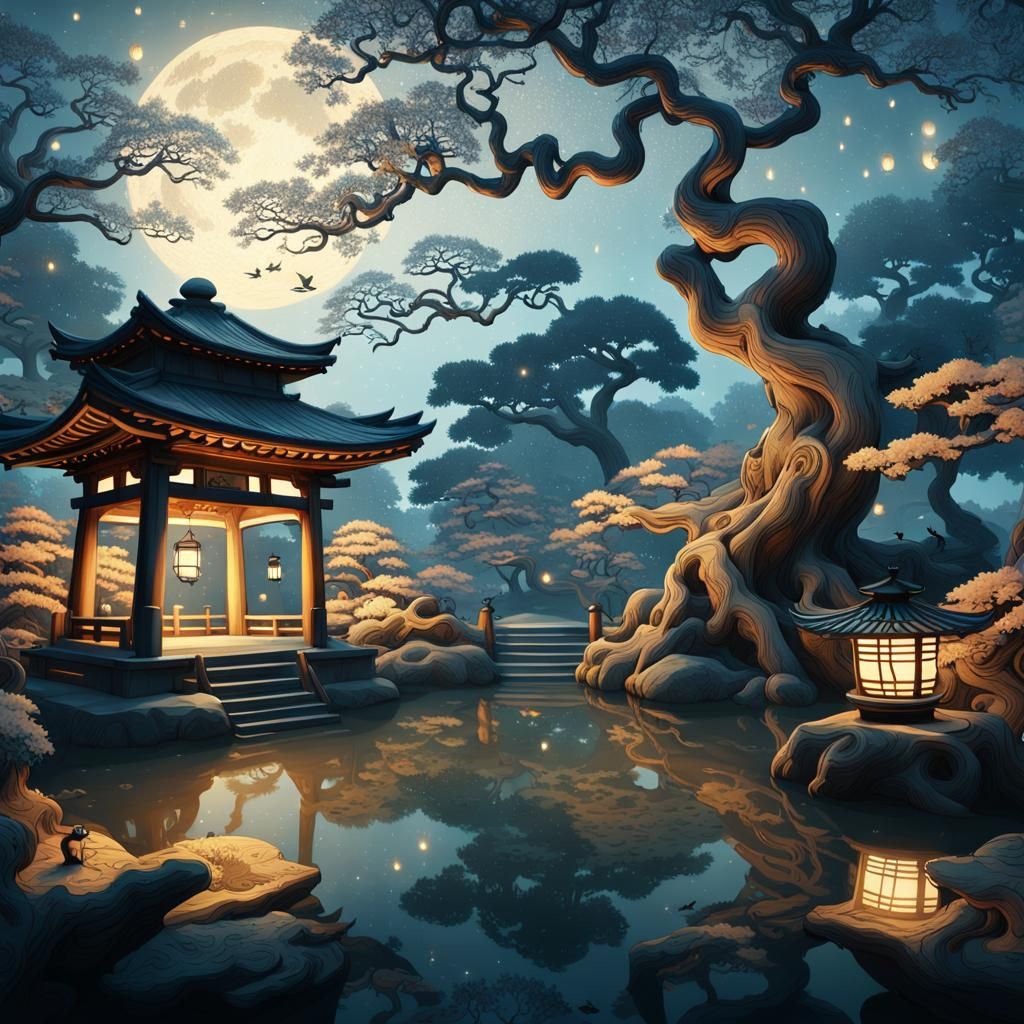 Japanese Garden at Night in Ukiyo-e Style