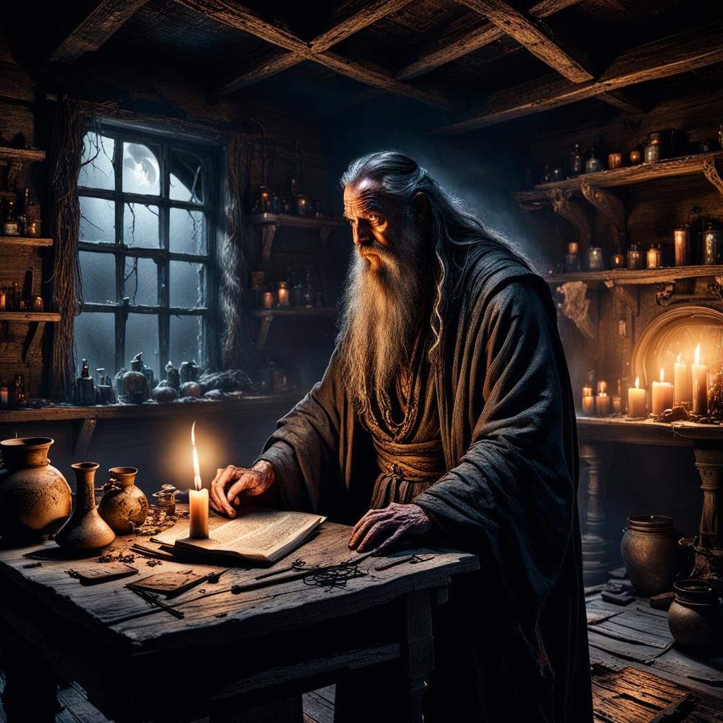 An ancient and wise sorcerer casting spells