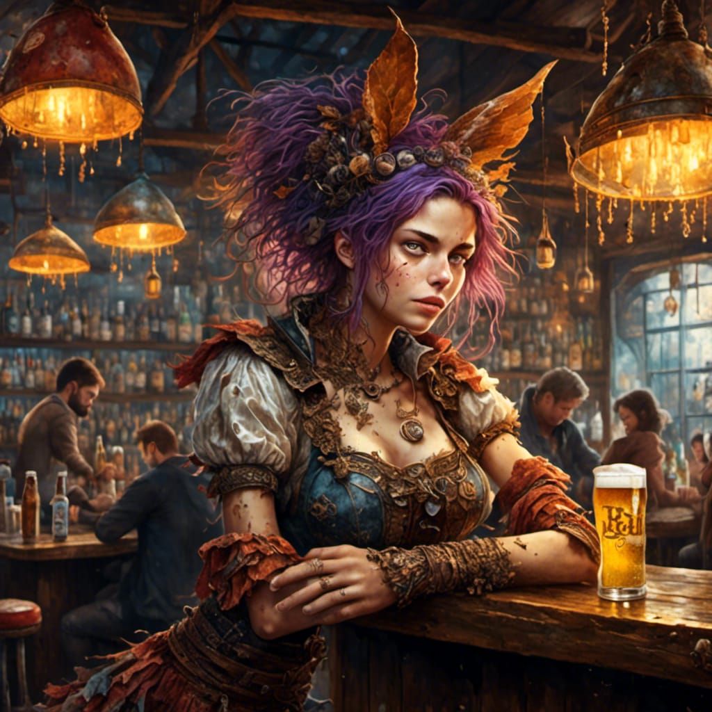 Person Enjoying Beer in Hyperrealistic Bar Setting