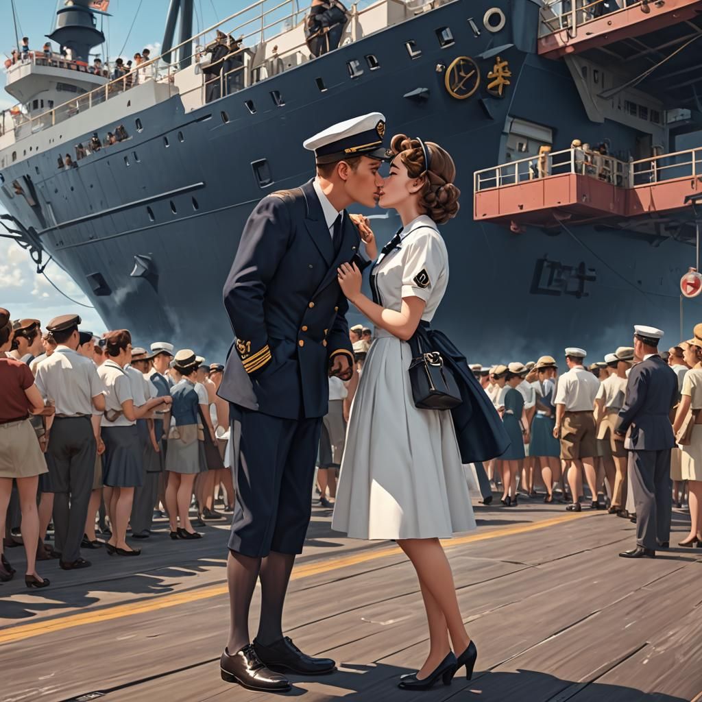 1950s Navy Couple Kiss: Detailed 3D Anime Art