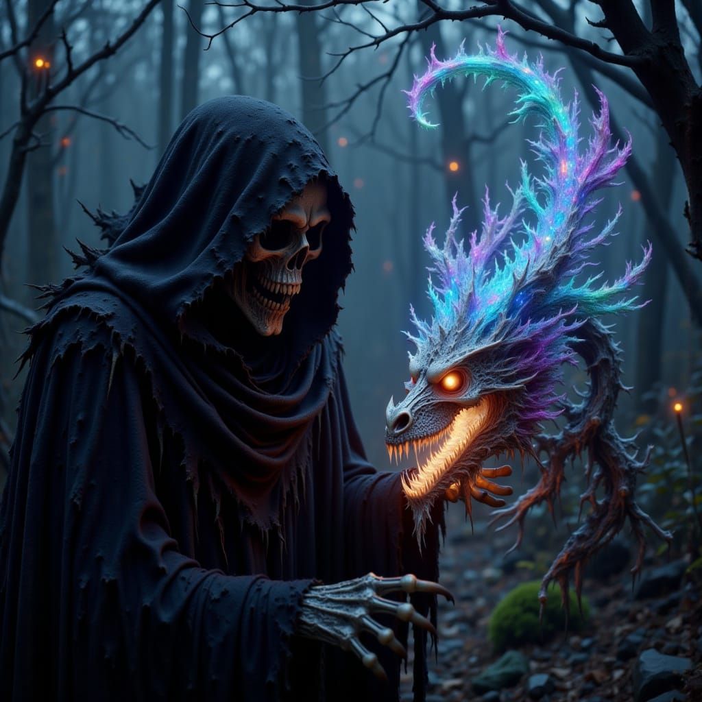 Gothic Prismatic Dragon Skull with Grim Reaper