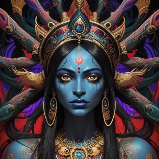 Mystical Indian Goddess Kali Portrait in Abstract Art