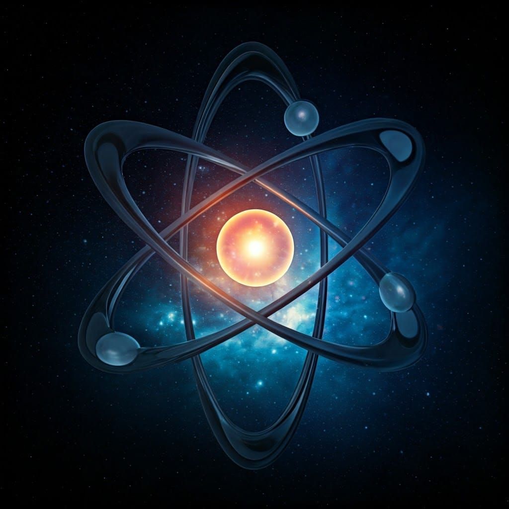 Glowing Atom in Starry Night Sky with Swirling Lines