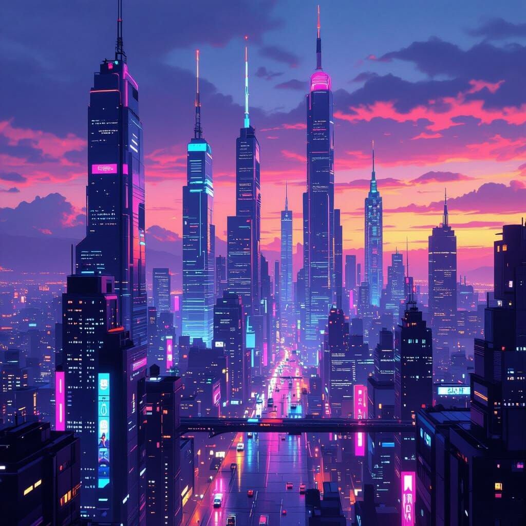 Neon Cityscape at Dusk in Cyberpunk Style