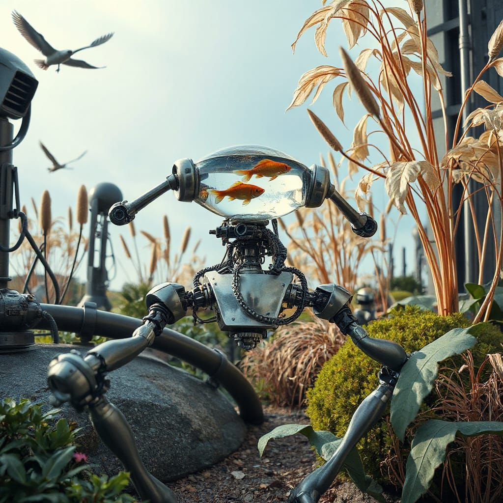 Futuristic Robot with Aquatic Head in Ethereal Garden
