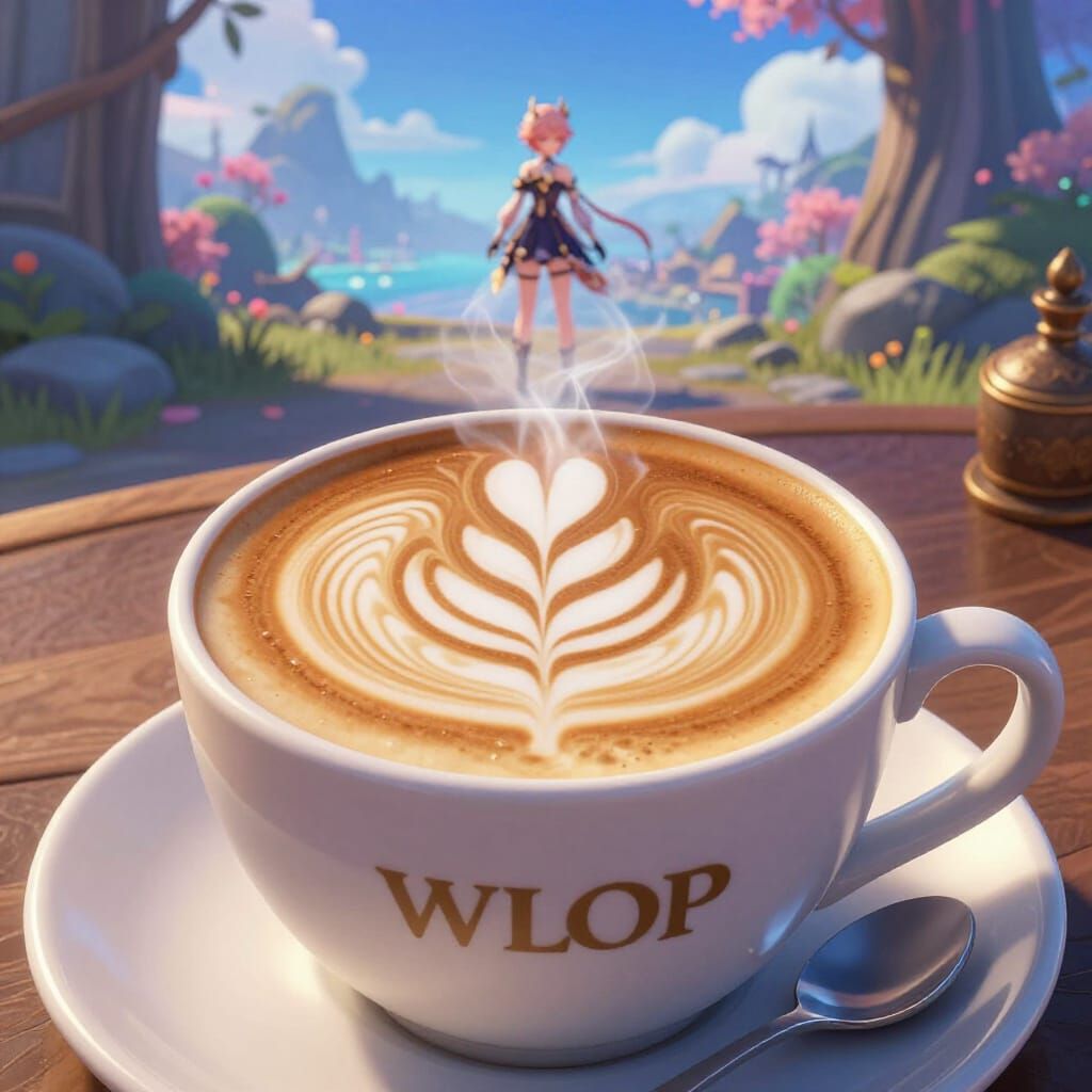 Steaming Coffee Cup with Latte Art in 3D Anime Style