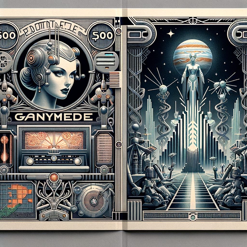 Art Deco Ganymede Banknote with Retro Sci-Fi Elements