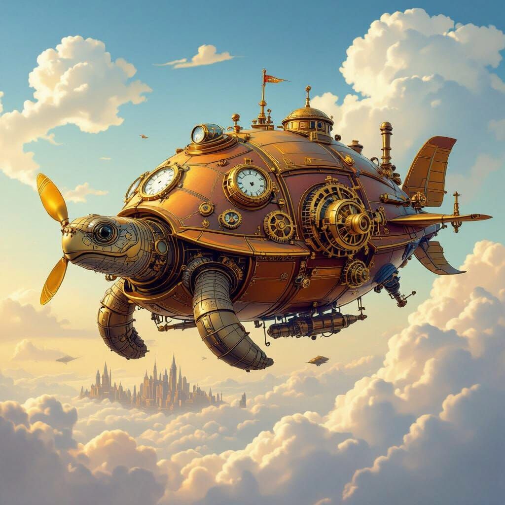 Steampunk Tortoise Airship Soaring Through the Sky