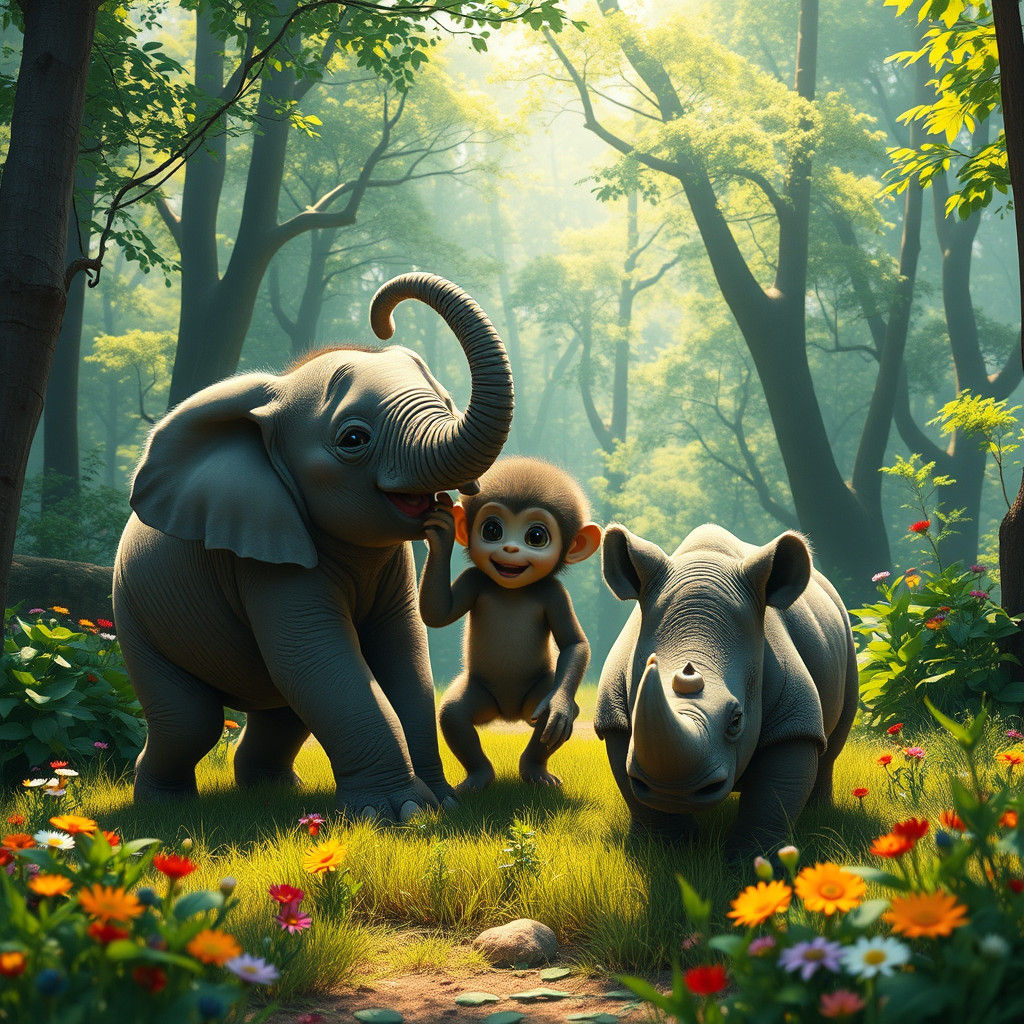Playful Baby Animals Frolicking in Fantasy Forest