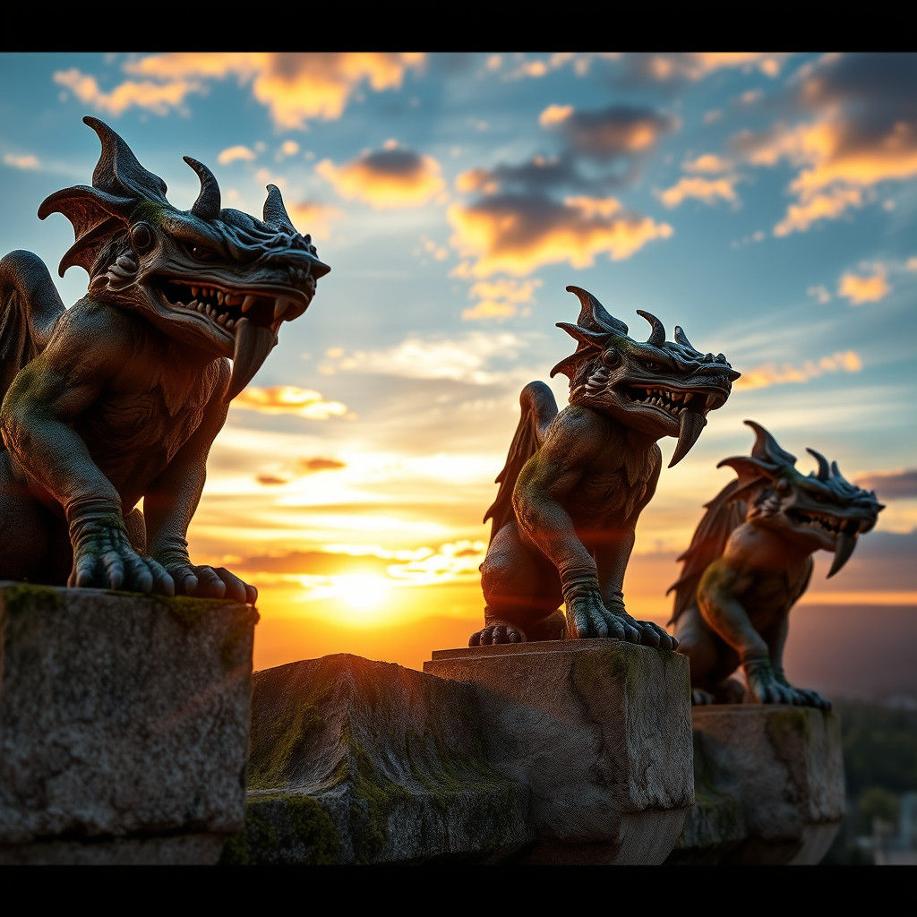 Gothic Gargoyles Silhouetted Against a Vibrant Sunrise