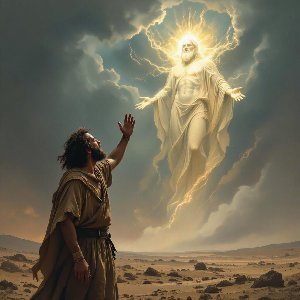 Ethereal God Appears Before Man in Stormy Landscape