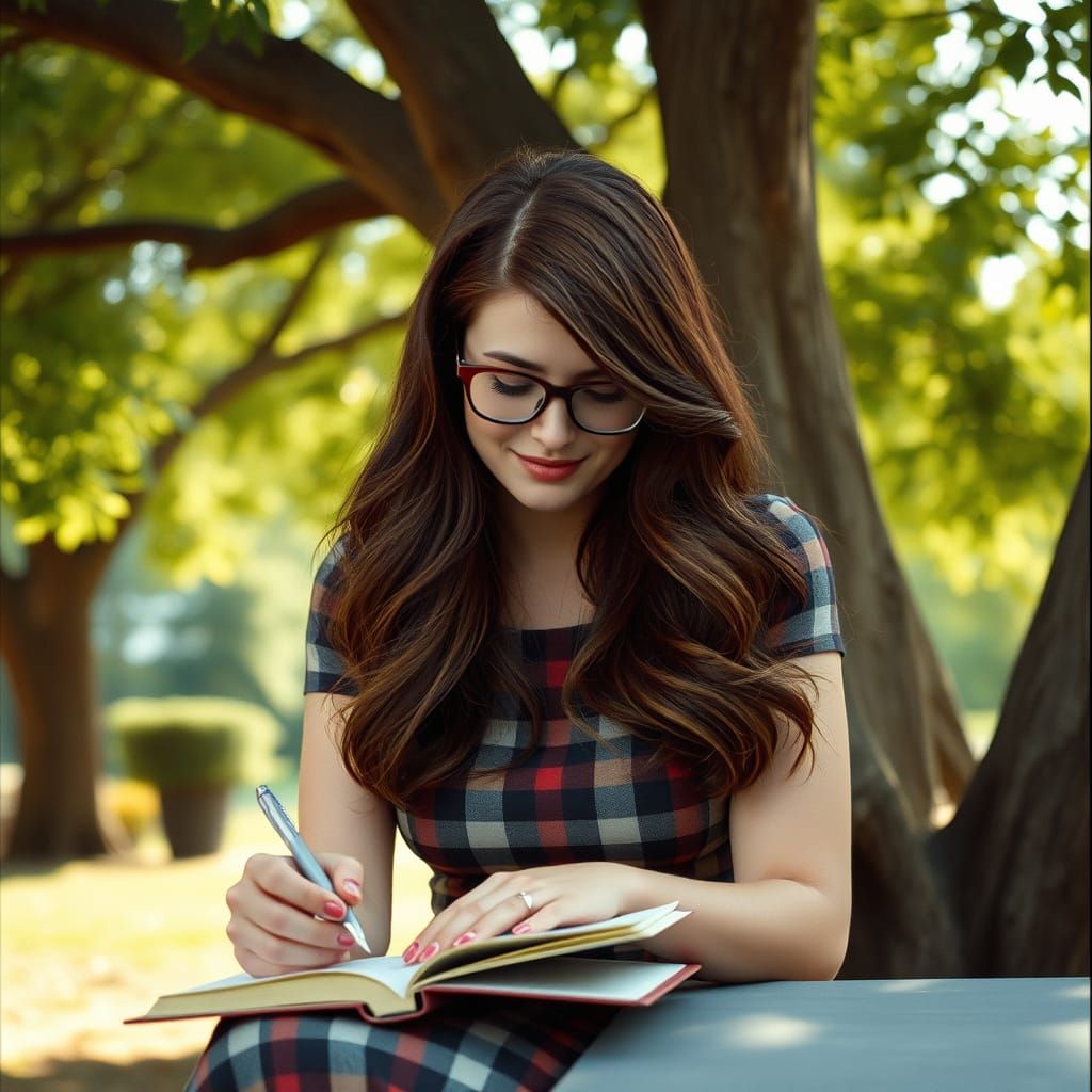 Woman Writing Under Tree: Cinematic Film Still
