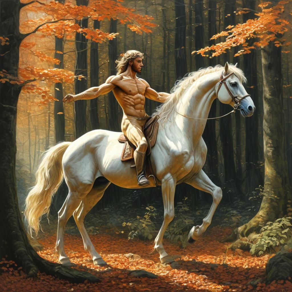 Majestic Centaur in Autumn Forest, Oil Painting