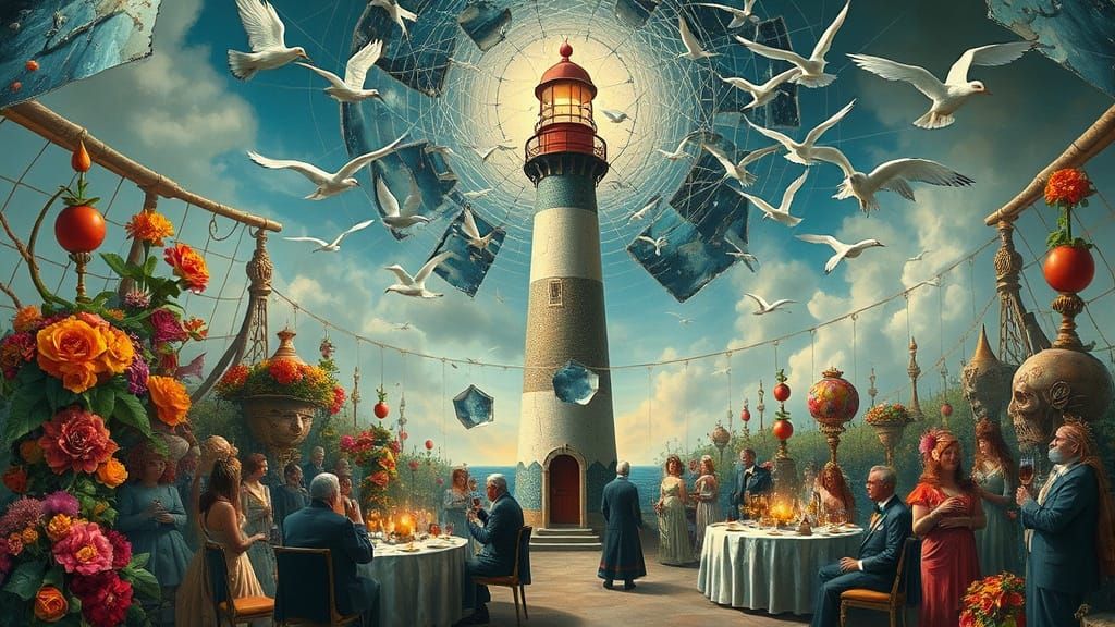 Surreal Garden Party with Lighthouse, Dreamlike Fantasy