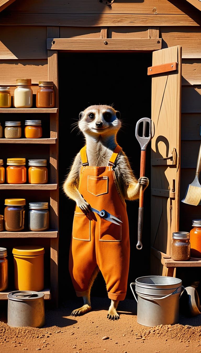 Proud Meerkat Dad and His Organized Tool Shed
