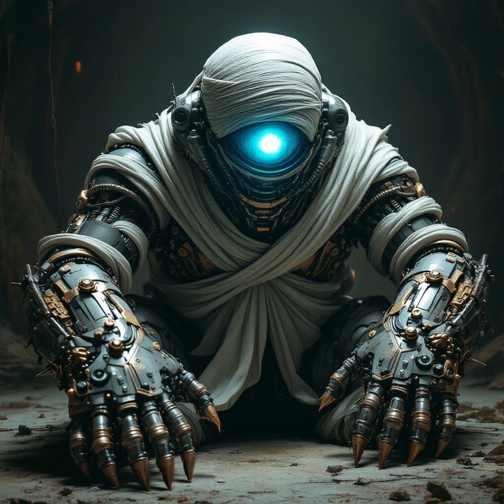 Biomechanical Monstrosity with Glowing Blue Iris, Wrapped in...