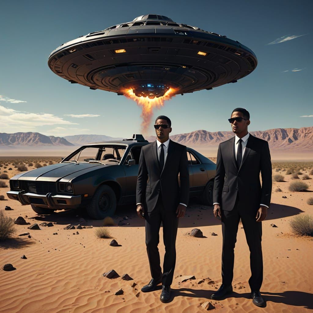 Men in Black at Crashed UFO: Vivid 3D Render