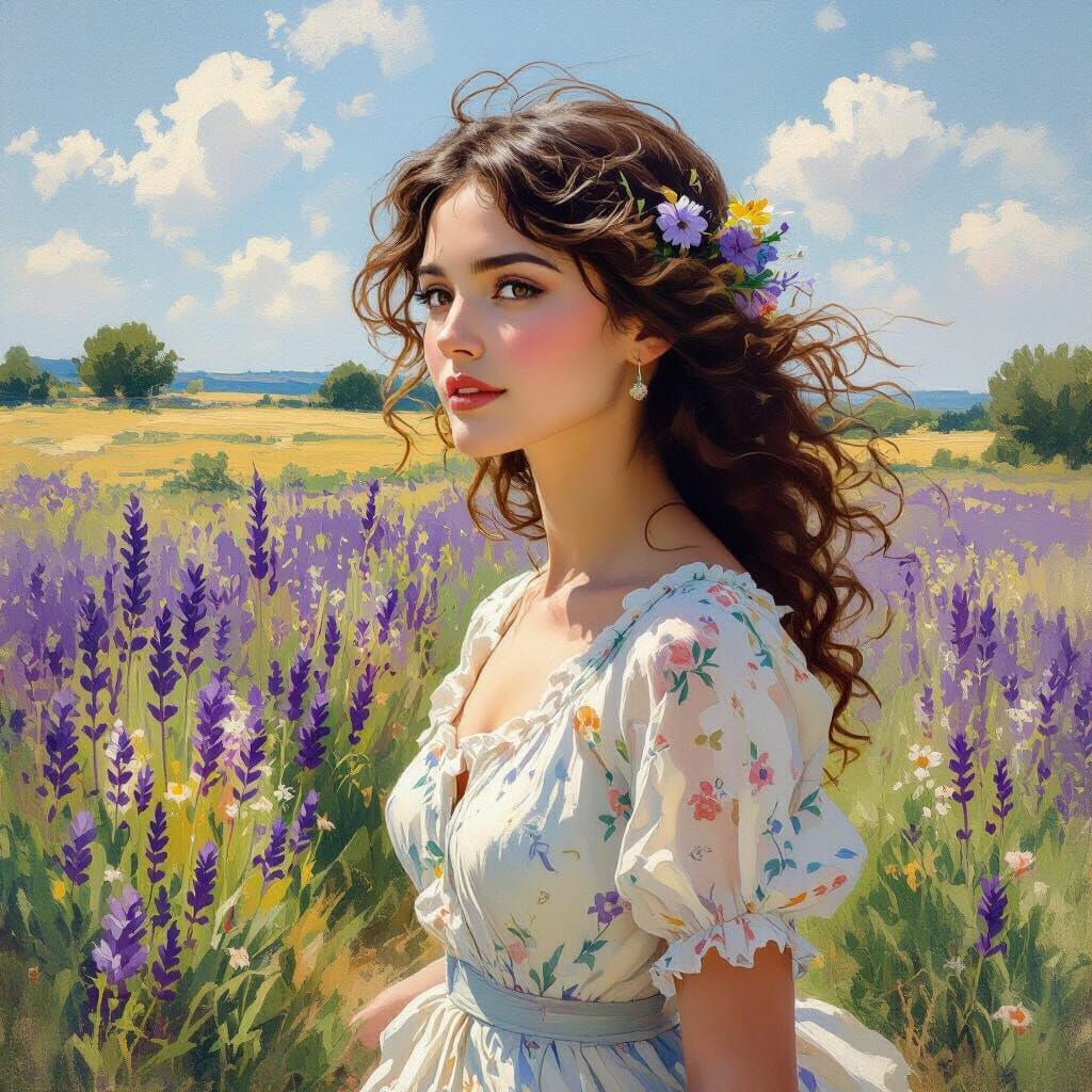 Woman with Lavender Flowers in Impressionistic Style