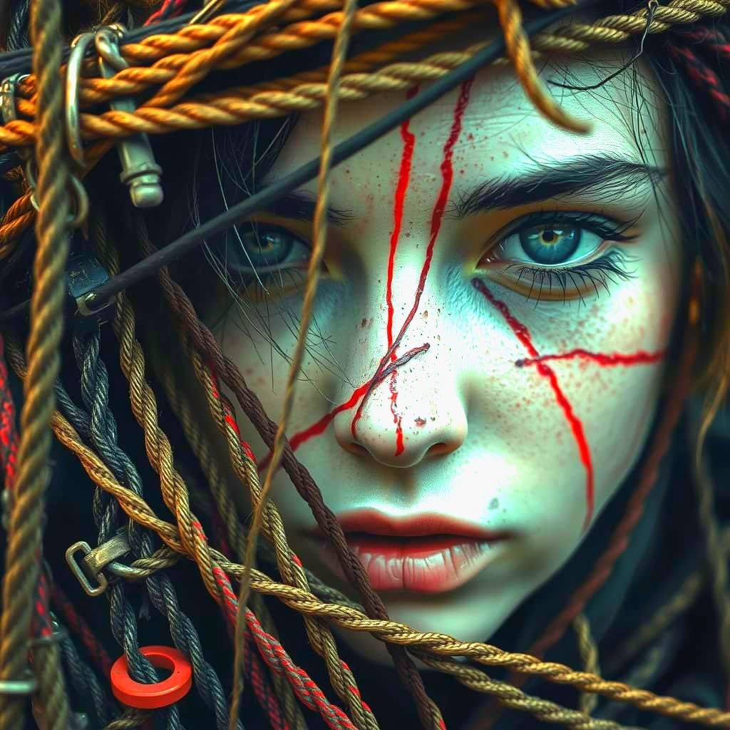 Girl Ensnared by Rusty Ropes and Nets in a Close-Up