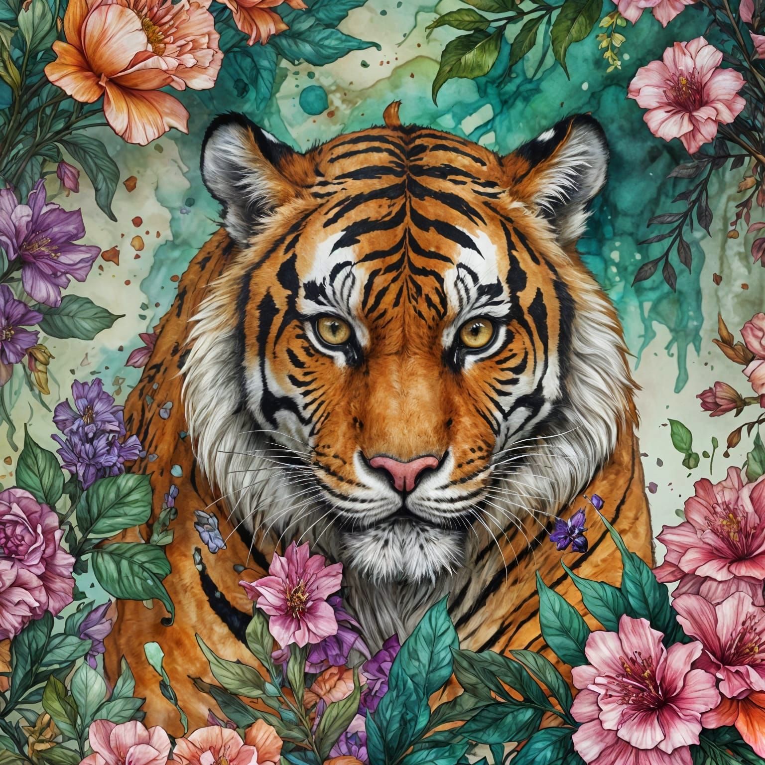 Hyperdetailed Floral Tiger in Alcohol Ink Style