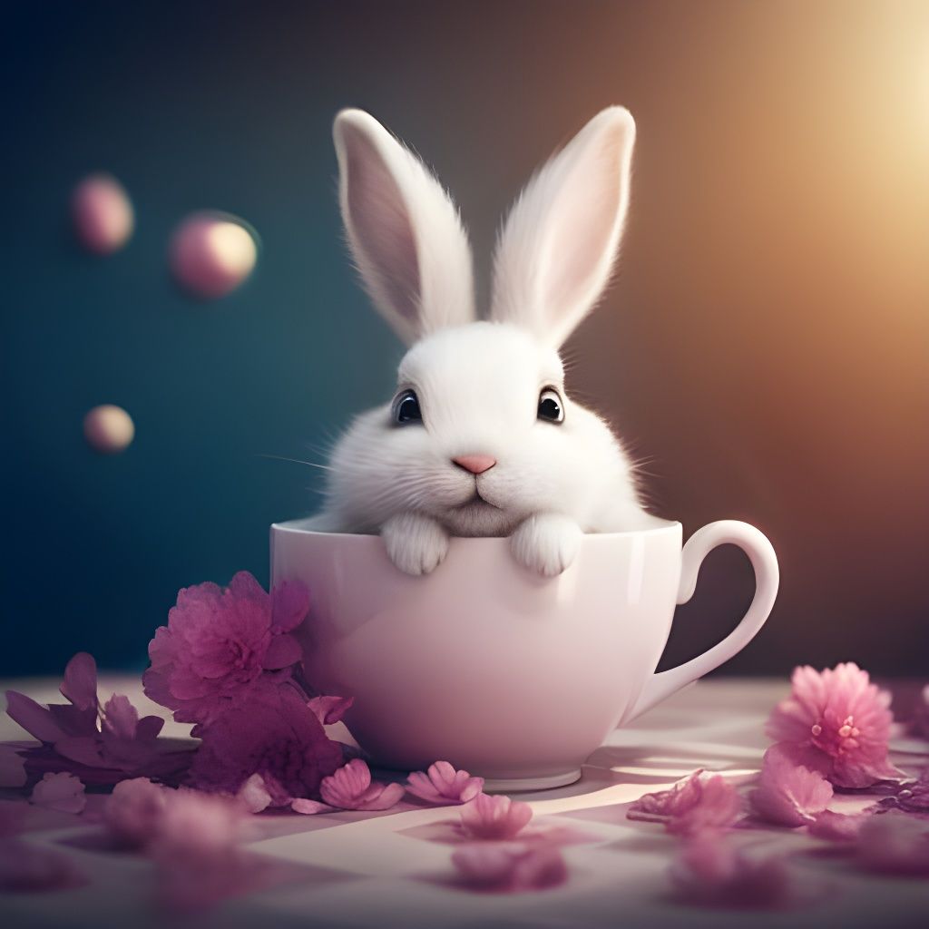 Cute Bunny in Teacup: 3D Rendered Fantasy Art