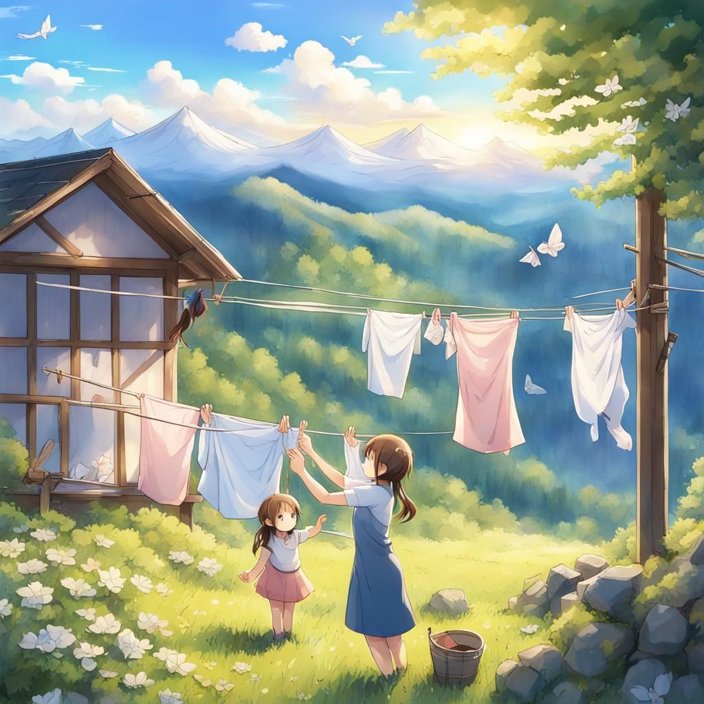 Swedish Mother and Daughter in Anime Spring Landscape
