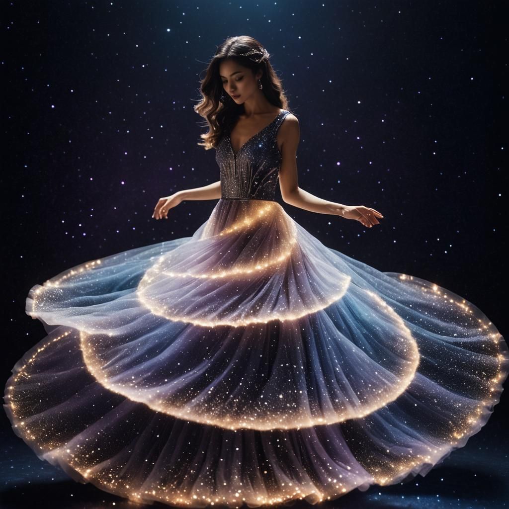 Surreal Woman Spinning in the Dark with Stardust Dress
