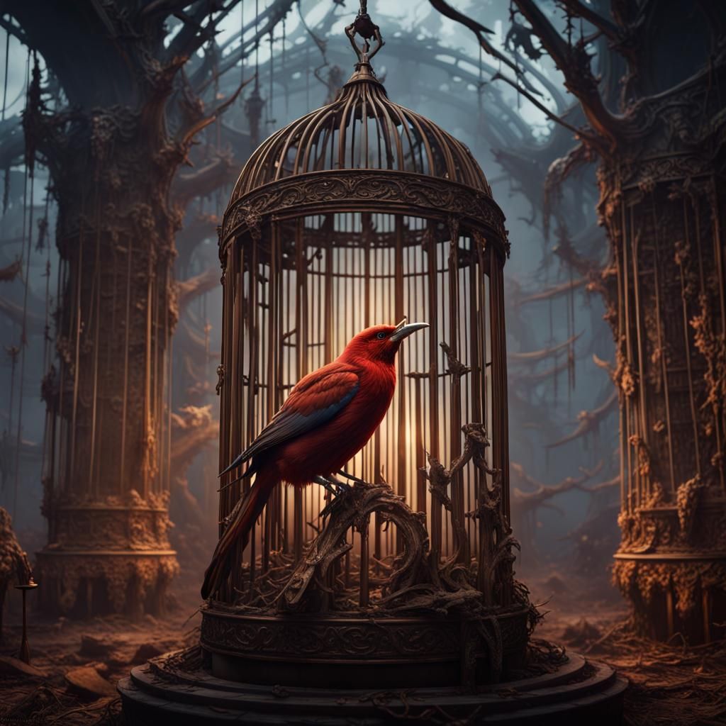Caged Bird: Detailed Matte Painting in Deep Color