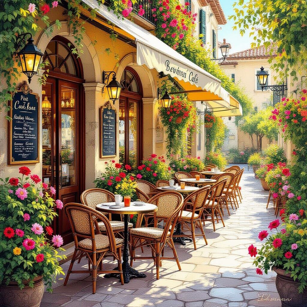 Charming Italian Cafe in Watercolor Illustration Style