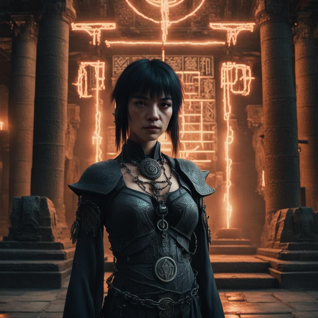 Powerful Witch with Glowing Runes in Ancient Temple