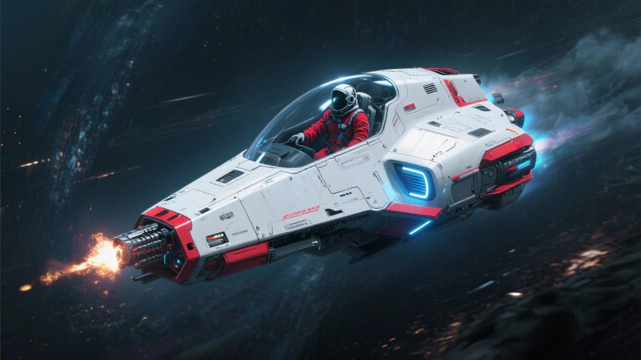 Futuristic Spaceship Battle in Neon Sci-Fi Style