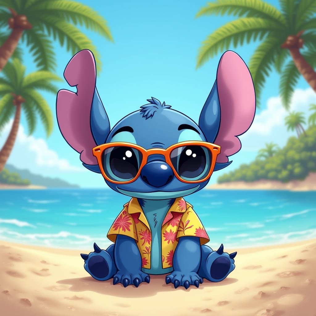 Vibrant Cartoon Alien Surfs Beach in Hawaiian Style