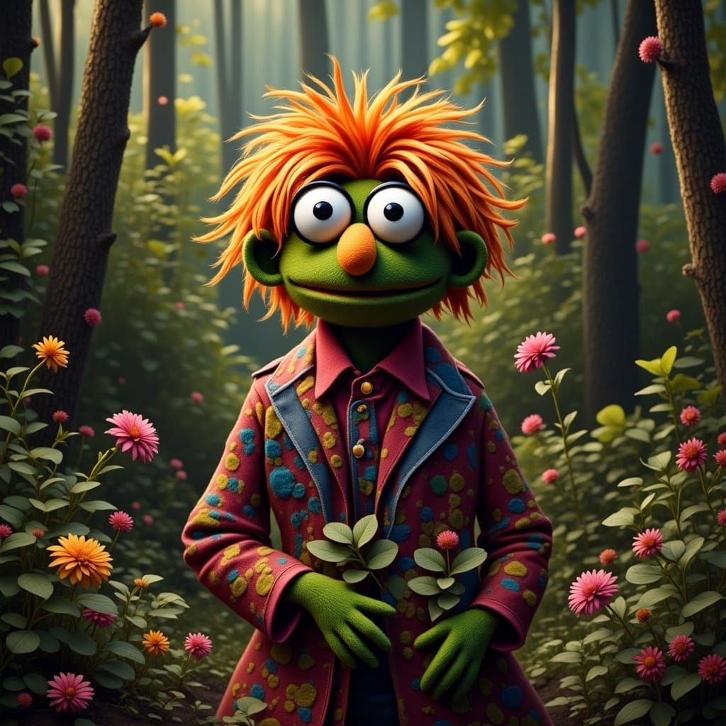 <lora:Fluxmuppets:1.0> portrait of a crazy muppet rockstar in his habitat, inspired by David Bowie