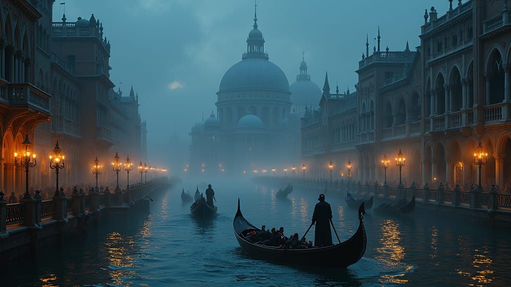 Braavos Canals at Night in Gothic Steampunk Style
