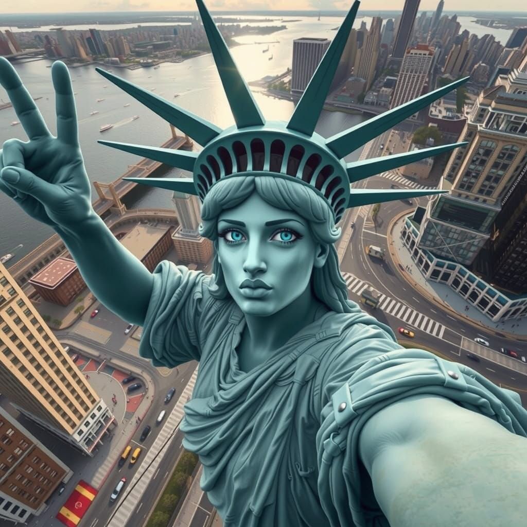 Playful Statue of Liberty Takes a Selfie in Modern New York....