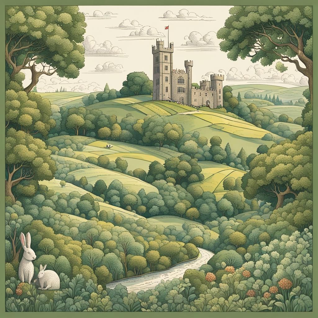 Rabbit Castle in Pastoral Landscape, Kit Williams Style