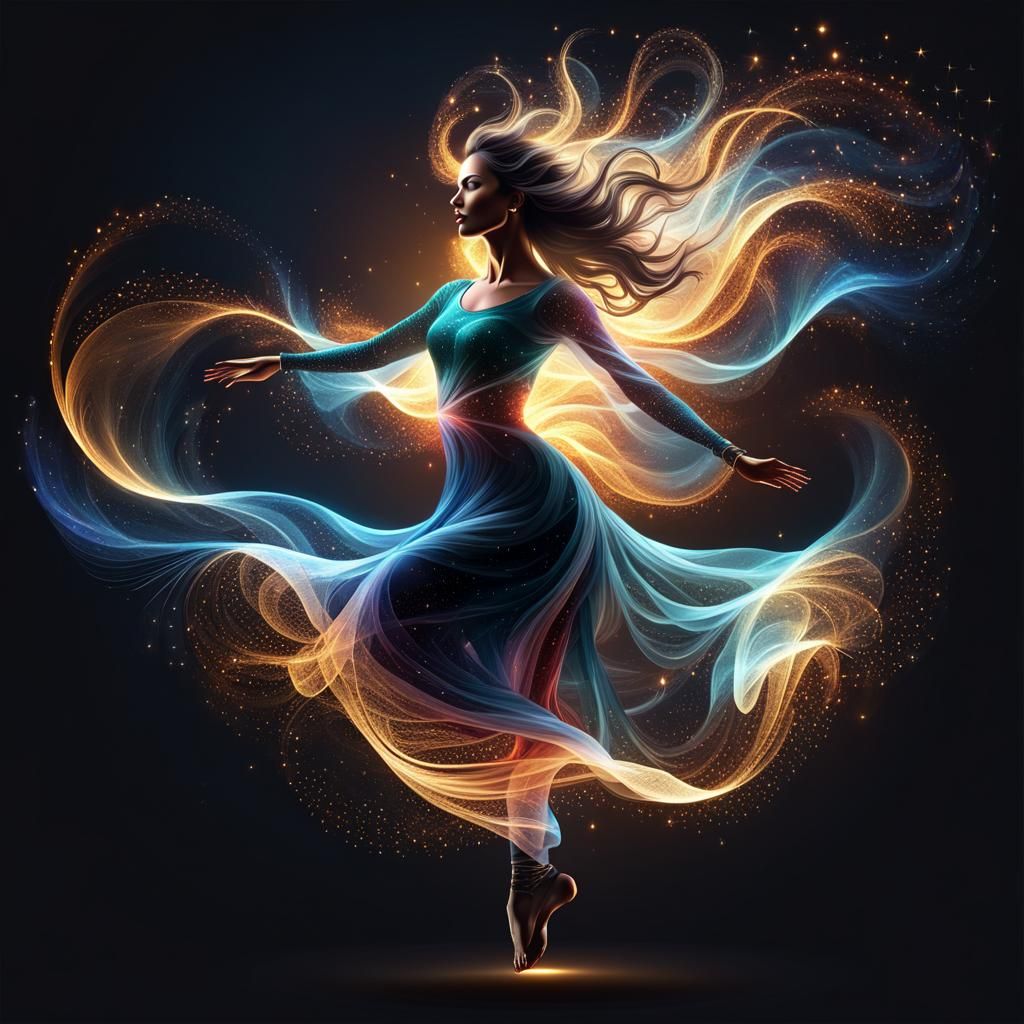 Woman Leaping with Sparkles in Abstract Fractal Style