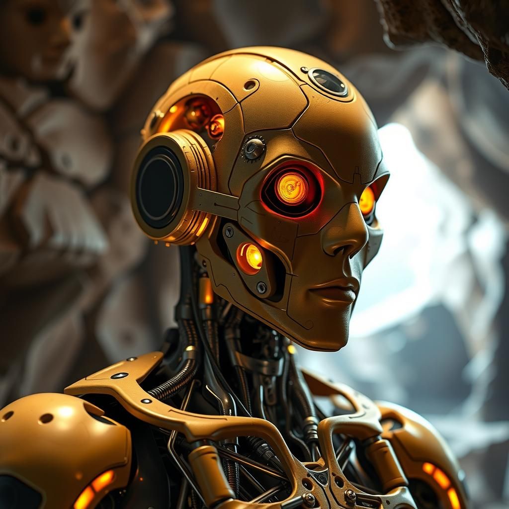 Biometric Android Robot in Flesh Cave