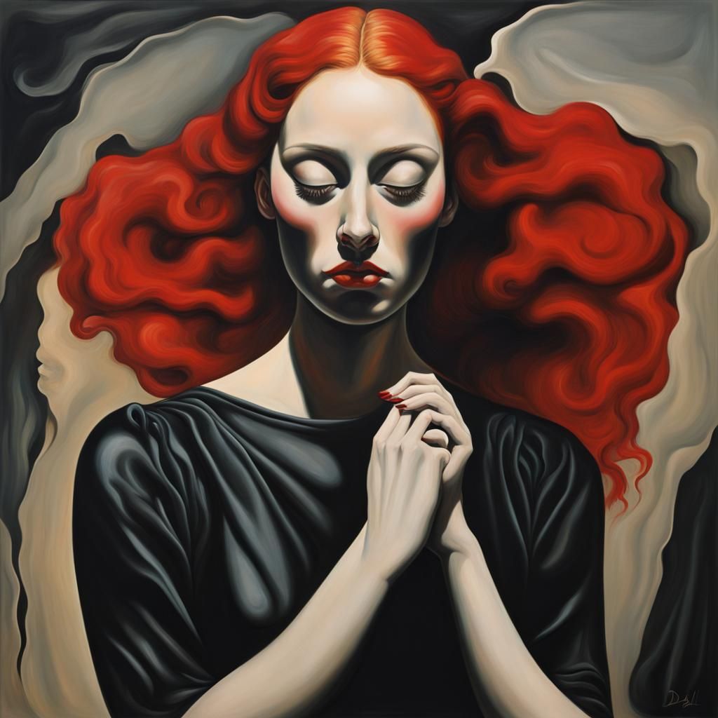 Surreal Red-Haired Woman in Melting Oil Style