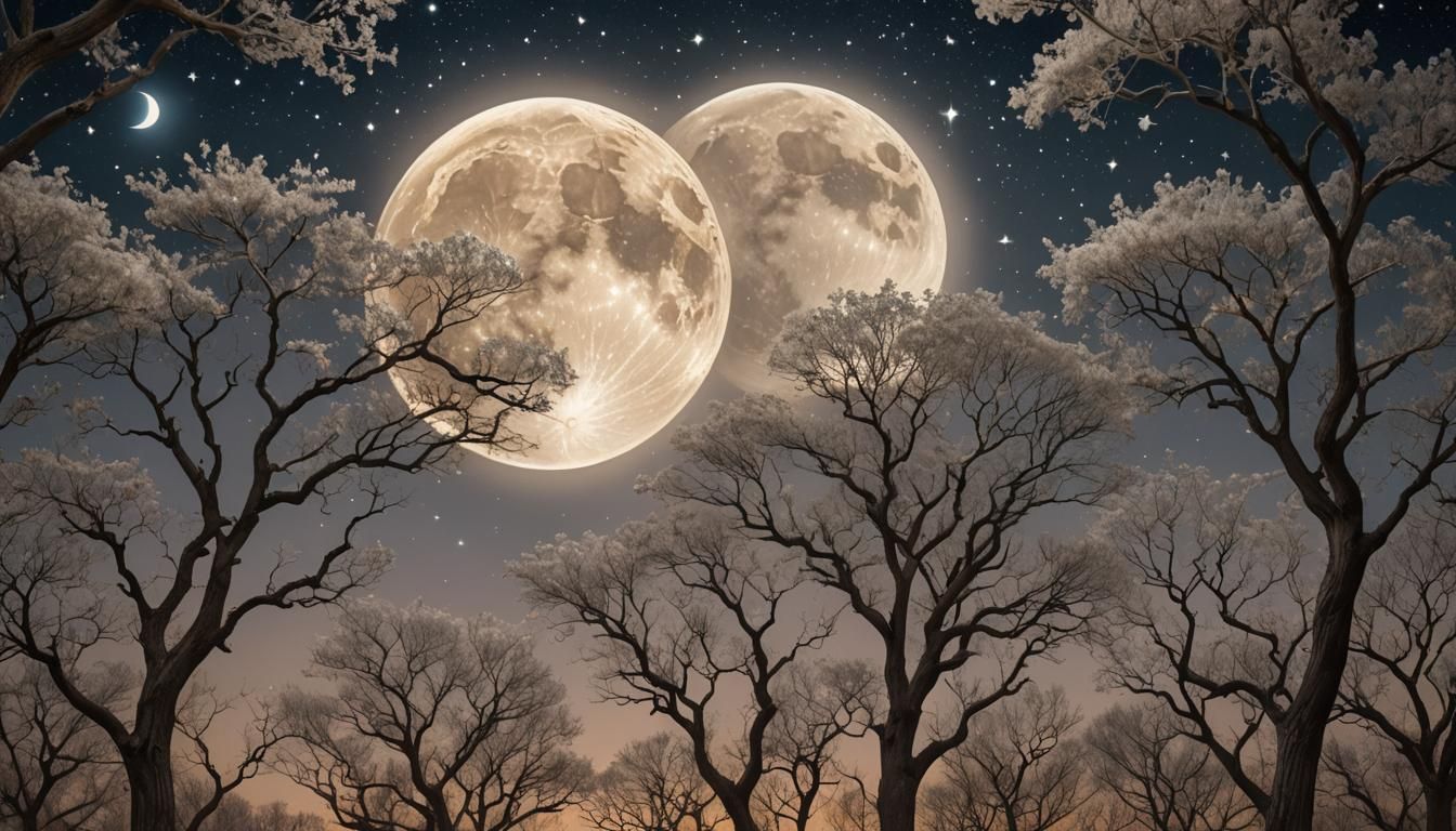 Glowing Moon Behind Arabesque Trees in Galactic Space