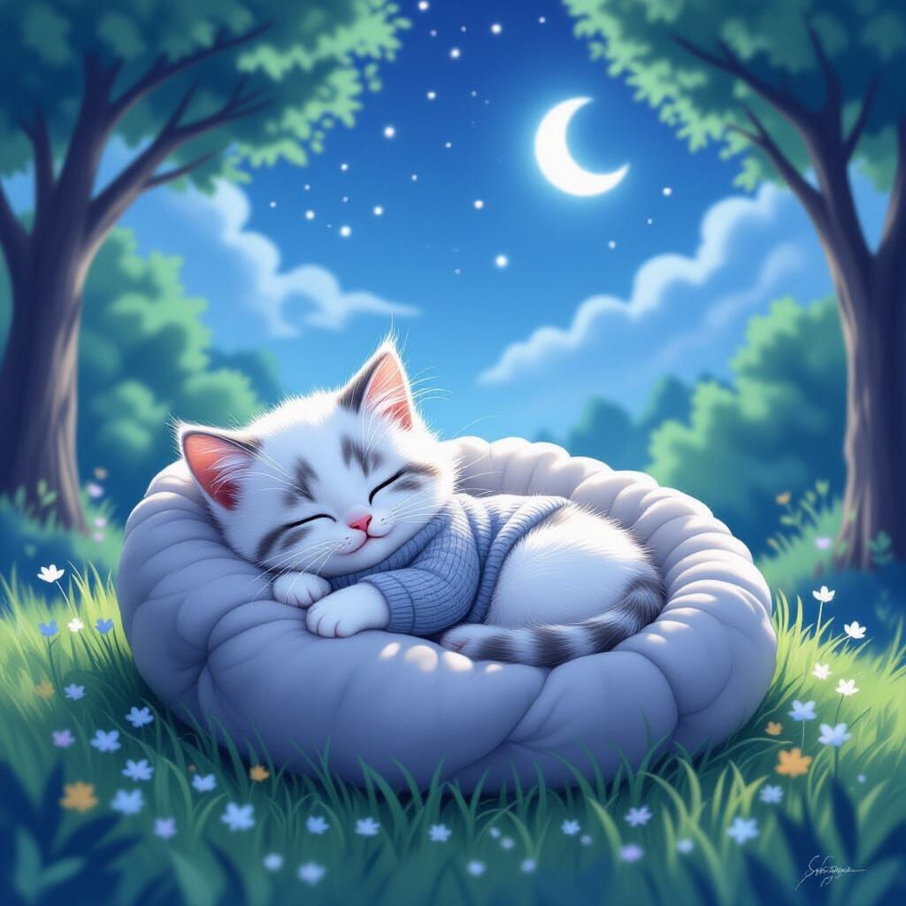 Munchkin Kitten Sleeping Peacefully on Grassy Hill