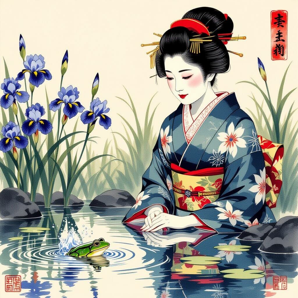 Japanese Woman Reflects in Iris Pond in Ukiyo-e Style