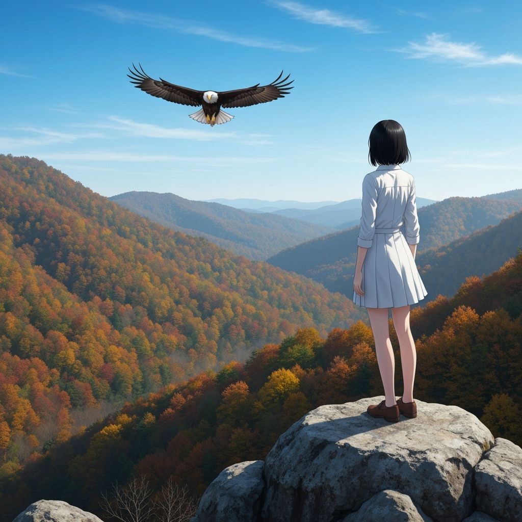 Anime Girl Overlooks Autumn Valley with Eagle