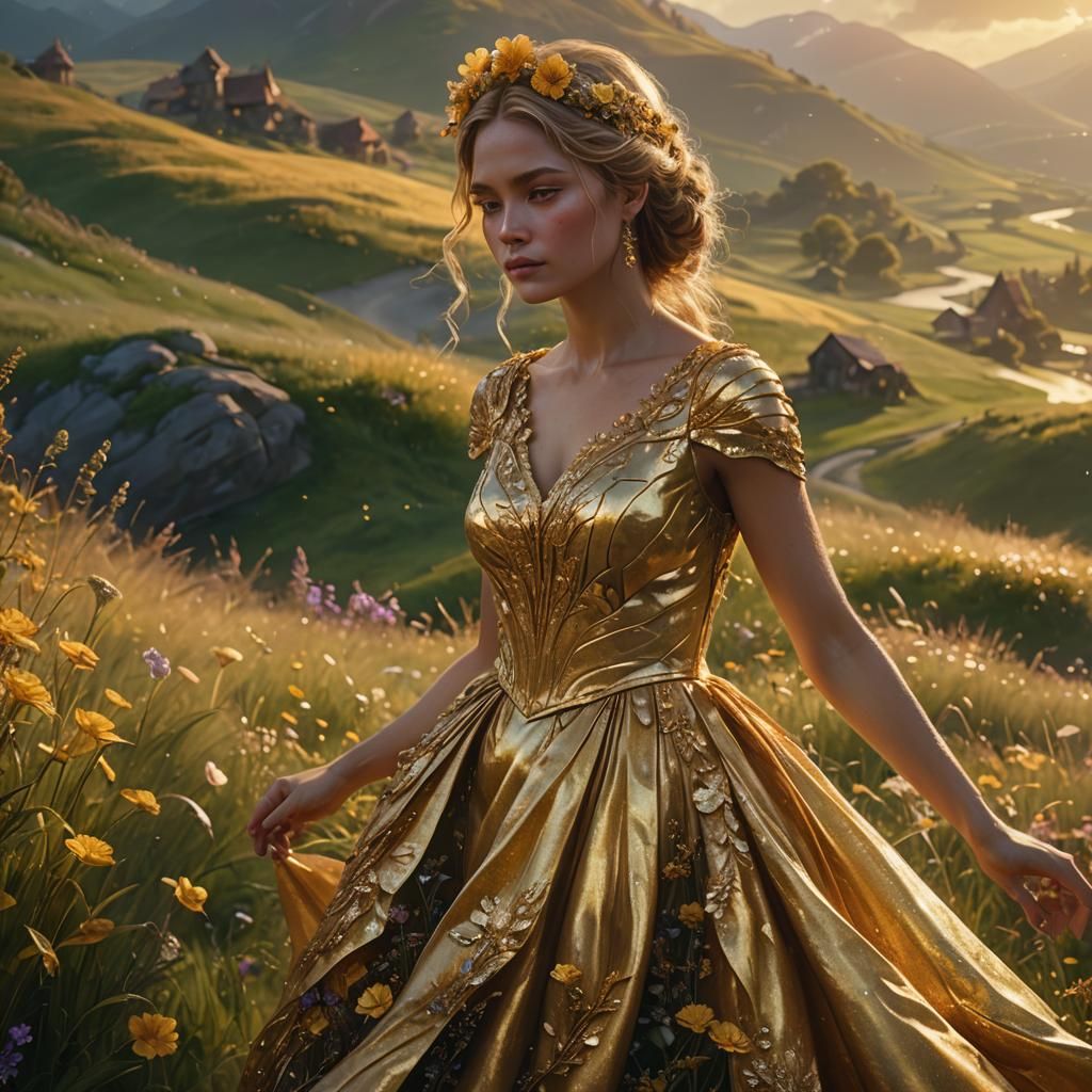 Woman in Gold Dress on Grassy Hill