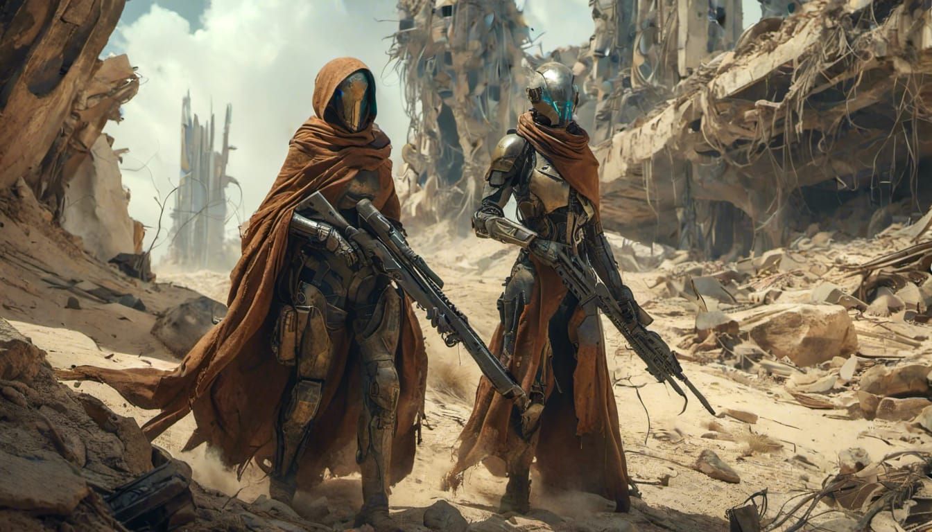 Dystopian Soldier Rides Creature in Ruined City