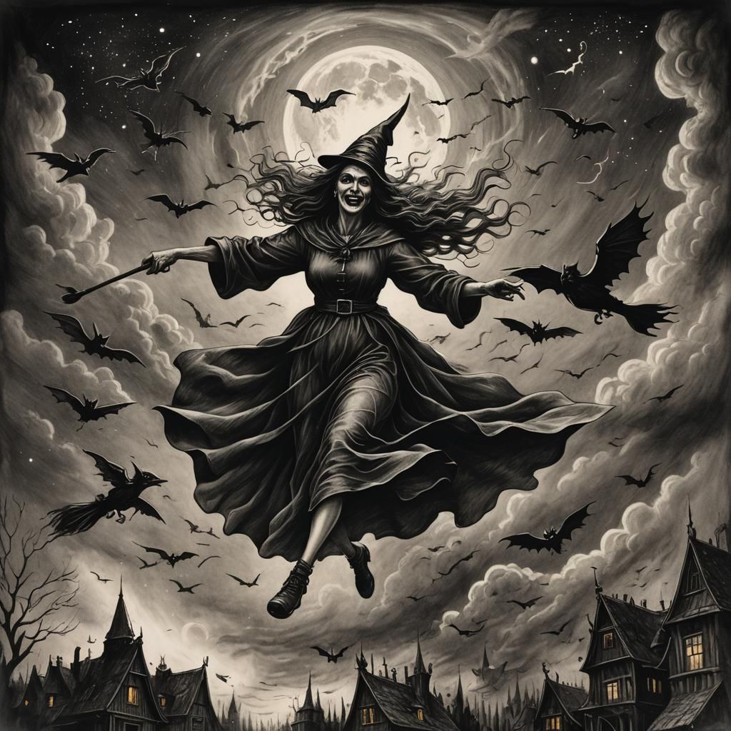 Witch's Flight to Sabbath: Hyperdetailed Charcoal Drawing