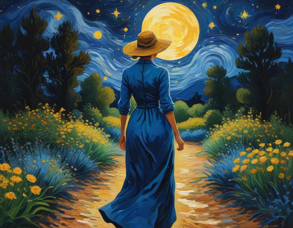 Woman in Garden: Van Gogh-Style Gouache Painting